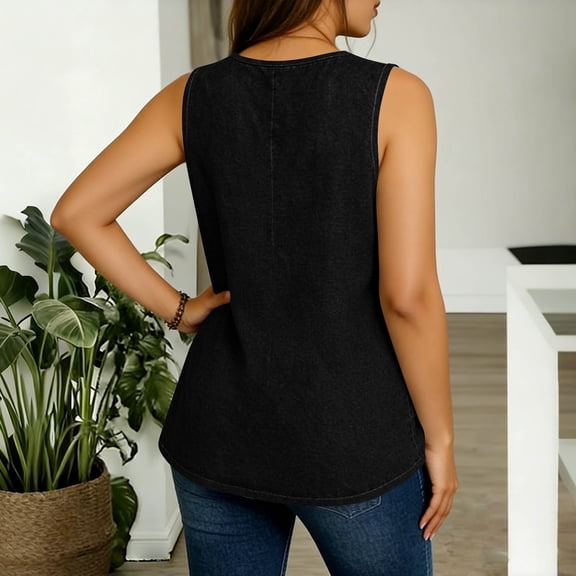 dazeni Plus Size Tunic Tops for Womens XL-5XL Csaual Sleeveless Tunic Shirts Summer Crewneck Denim Shorts Fashion Clothes Black XX-Large