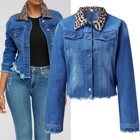 Vedolay Jean Jackets Women's Rhinestone Fringe Cropped Distressed Star Print Denim Jackets Coats,Dark Blue XL