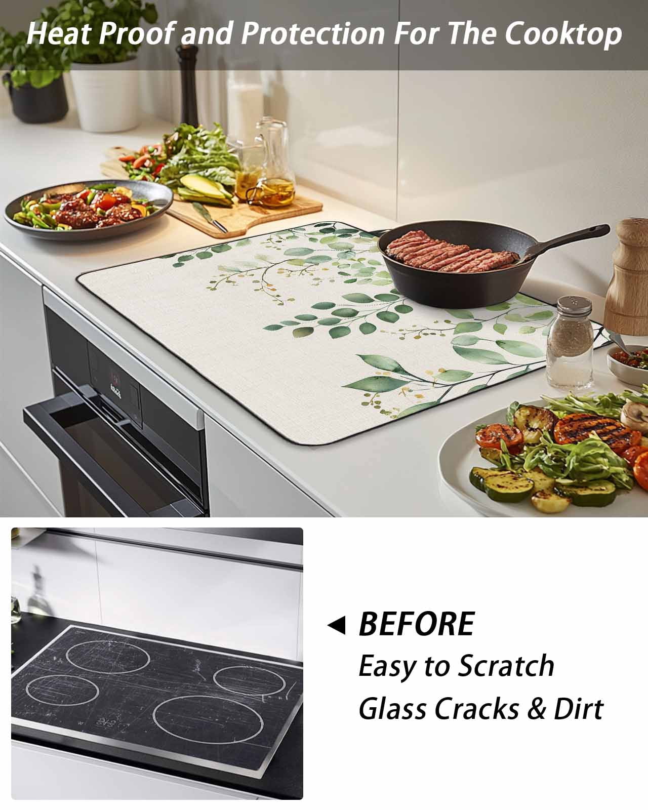 Stove Top Covers for Electric Stove, Green Eucalyptus Glass Stovetop Cover Protector, Vintage Leaves Flower Spring Summer Induction Cooktop Protector Oven Mat for Kitchen Countertop 24"x21"