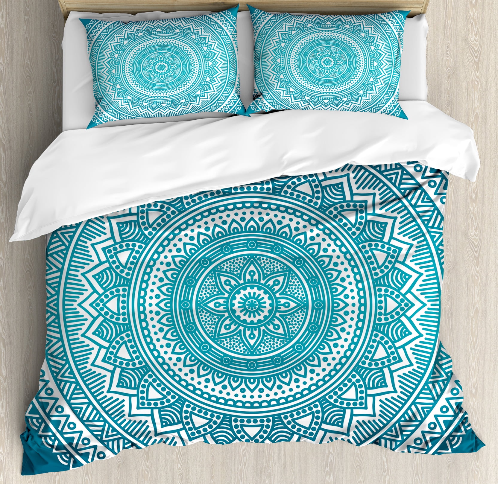 Turquoise Ombre Duvet Cover Set, Mandala Medallion Starry Design with