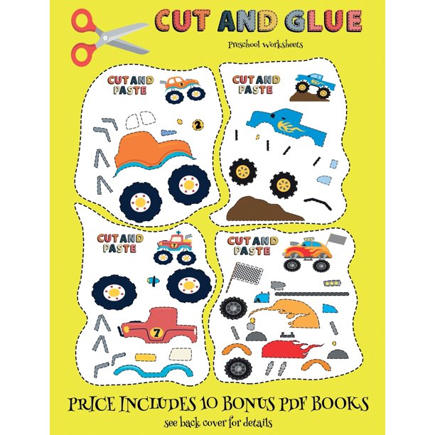 preschool worksheets preschool worksheets cut and glue monster trucks this book comes with collection of downloadable pdf books that will help your child make an excellent start to his her education