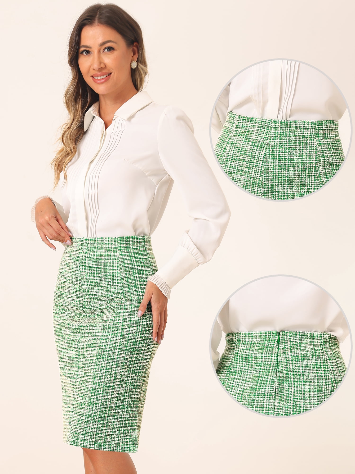 DARING DIVA Women's Tweed High Waist Plaid Pencil Skirts M Green