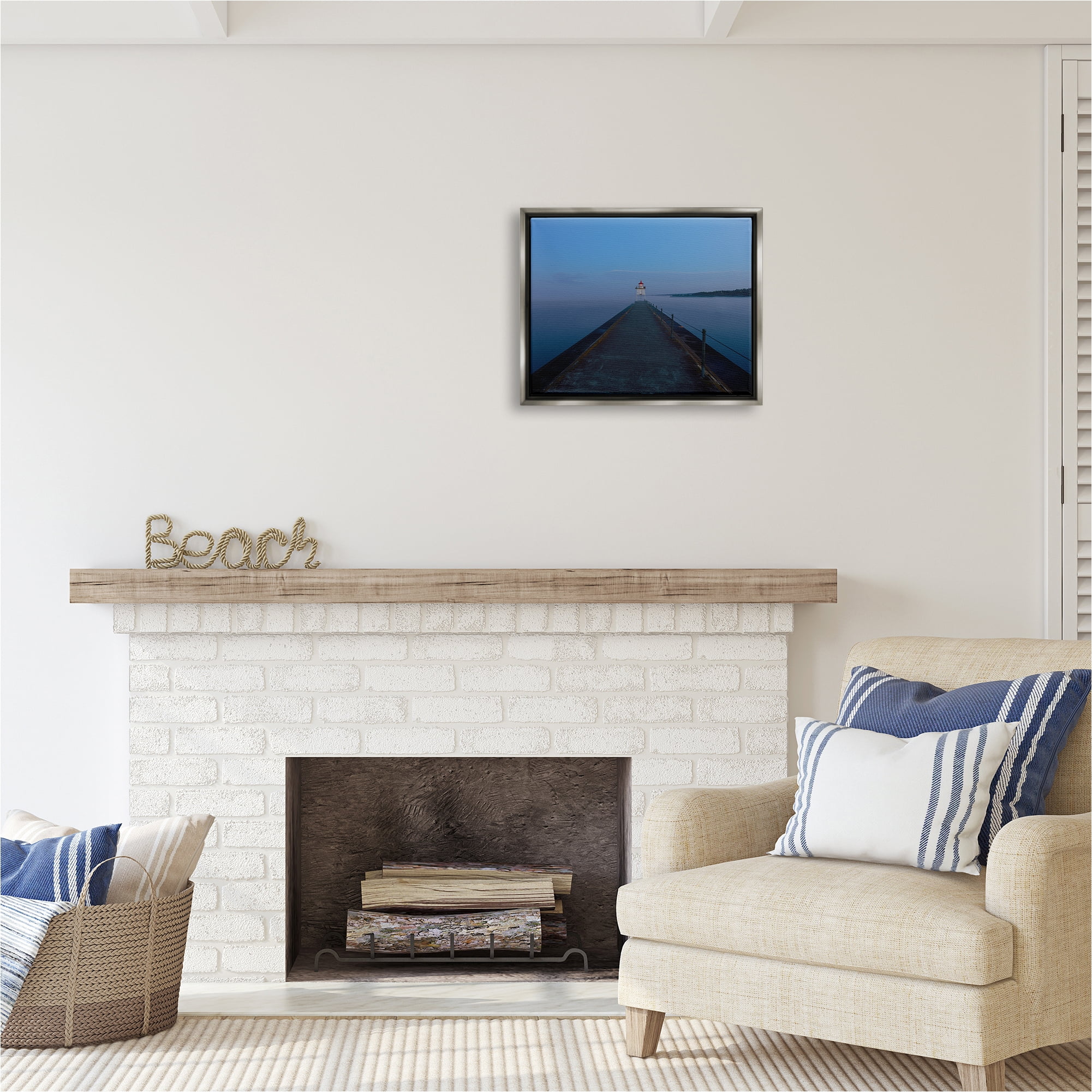 Stupell Industries Lighthouse at Night Landscape Photography Gray Floater Framed Canvas Art Print Wall Art, 21 x 17