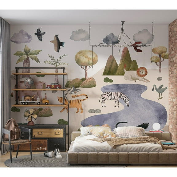 Kids Wallpaper Wall Mural - Savannah Animals in Pastel Colors