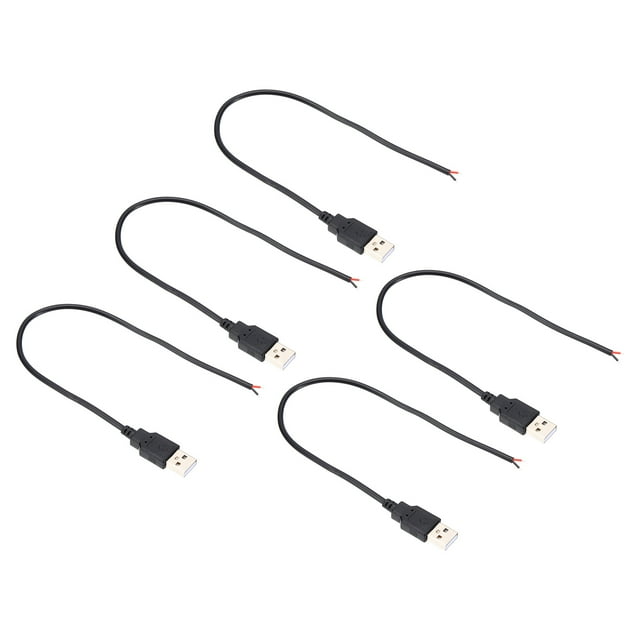 Unique Bargains 0.3M/1Ft USB 5V 3A Type-C Pigtail Power Cable, 5Pcs 22AWG USB Plug to 2 Pin Wire Open End Connector Plug, Black