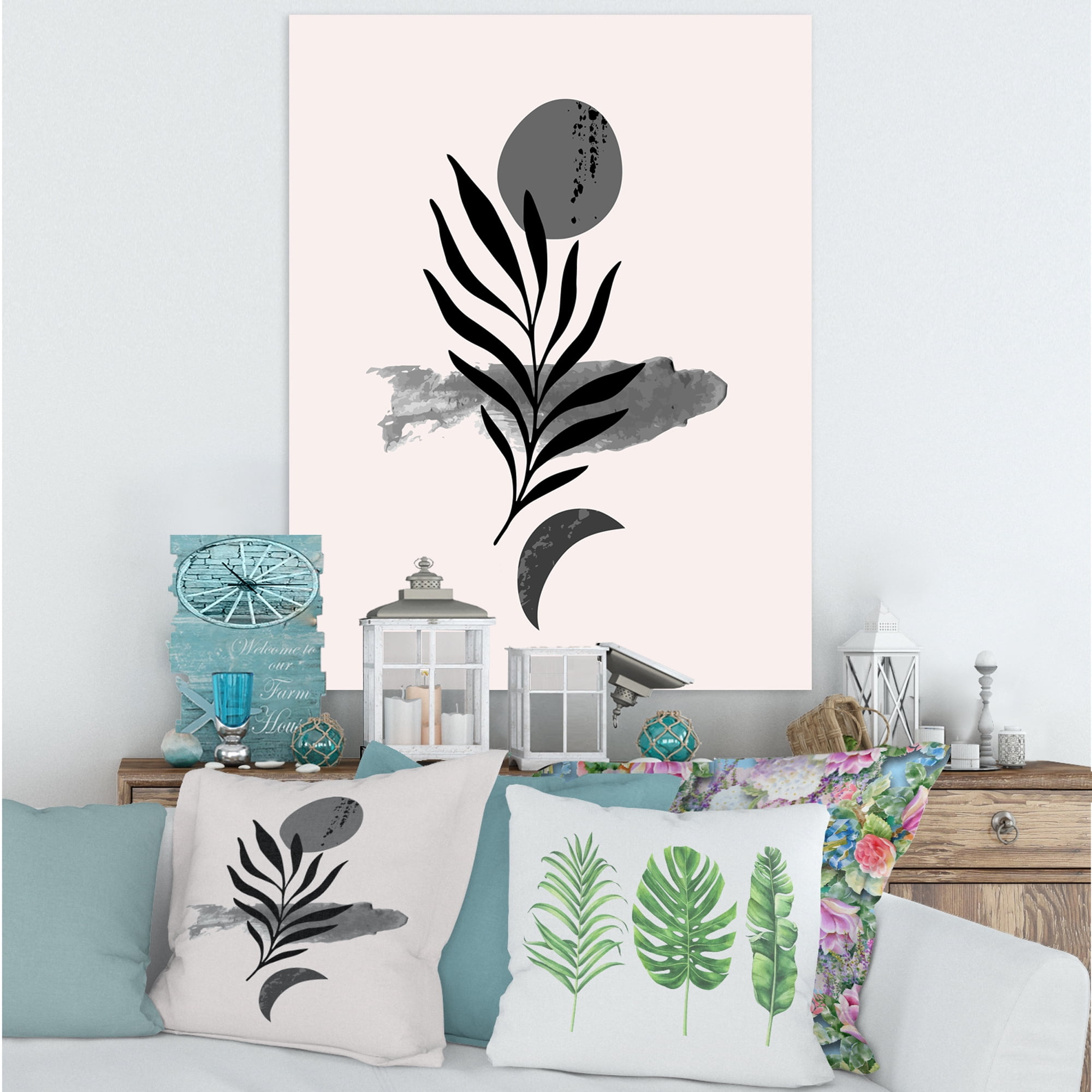 Designart ' Abstract Black Tropical Leaf II ' Modern Canvas Wall Art Print