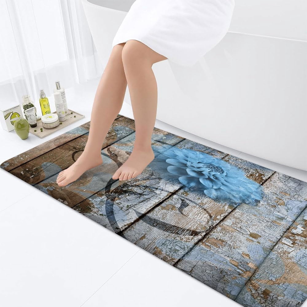 Farmhouse Floral Flower Bath Mat, Dahlia Rustic Wooden Plank Country Barn Wood Blue Flower Non-Slip Flannel Soft Doormat Floor Entryways Outdoor Indoor Front Door Mat, (16X48)