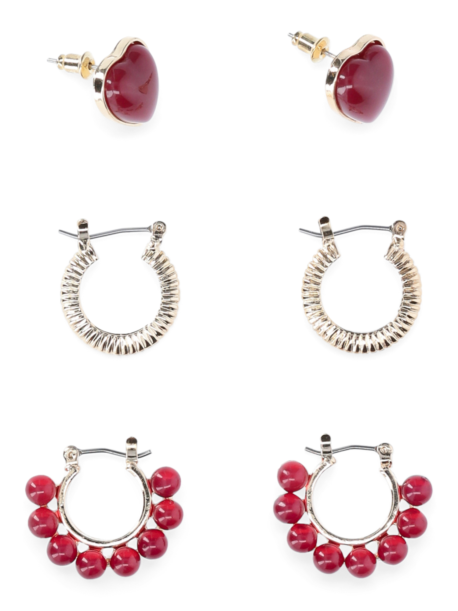 Time and Tru Women's Trio Heart and Hoop Earring Set, 3 Pair, Wine Heart Shaped Stud, Gold Metal Hoop, Wine Scalloped Edge Hoop