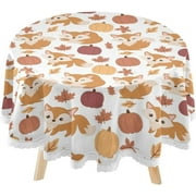 SKYSONIC Cute Cartoon Foxes Round Tablecloth 60inch Indoor Wrinkle Free, Autumn Leaves Circular Lace Table Cover Washable for Kitchen Party BBQ Dining Decor