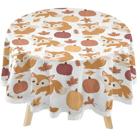 SKYSONIC Cute Cartoon Foxes Round Tablecloth 60inch Indoor Wrinkle Free, Autumn Leaves Circular Lace Table Cover Washable for Kitchen Party BBQ Dining Decor
