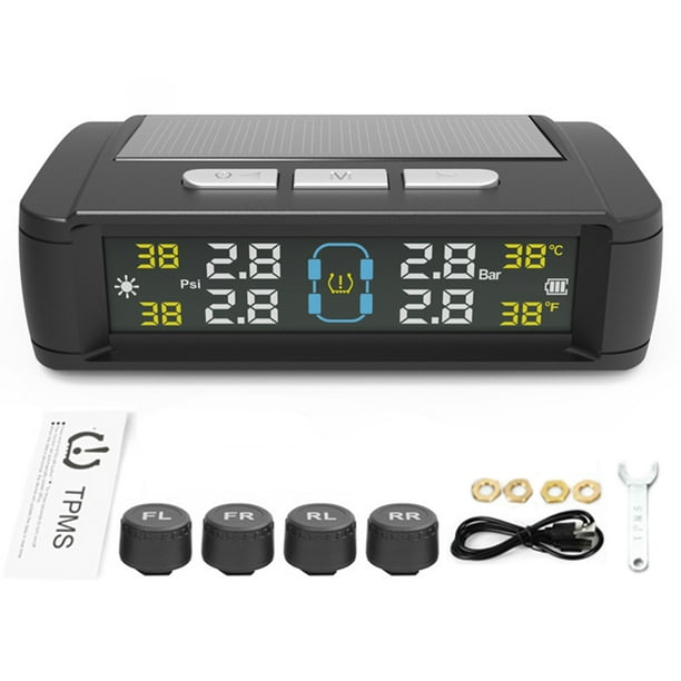 Sistema de monitoreo de presión de neumáticos, sistemas de alarma de seguridad para automóviles, monitor de temperatura de neumáticos con energía solar/USB, TPMS para automóvil, 4 sensores
