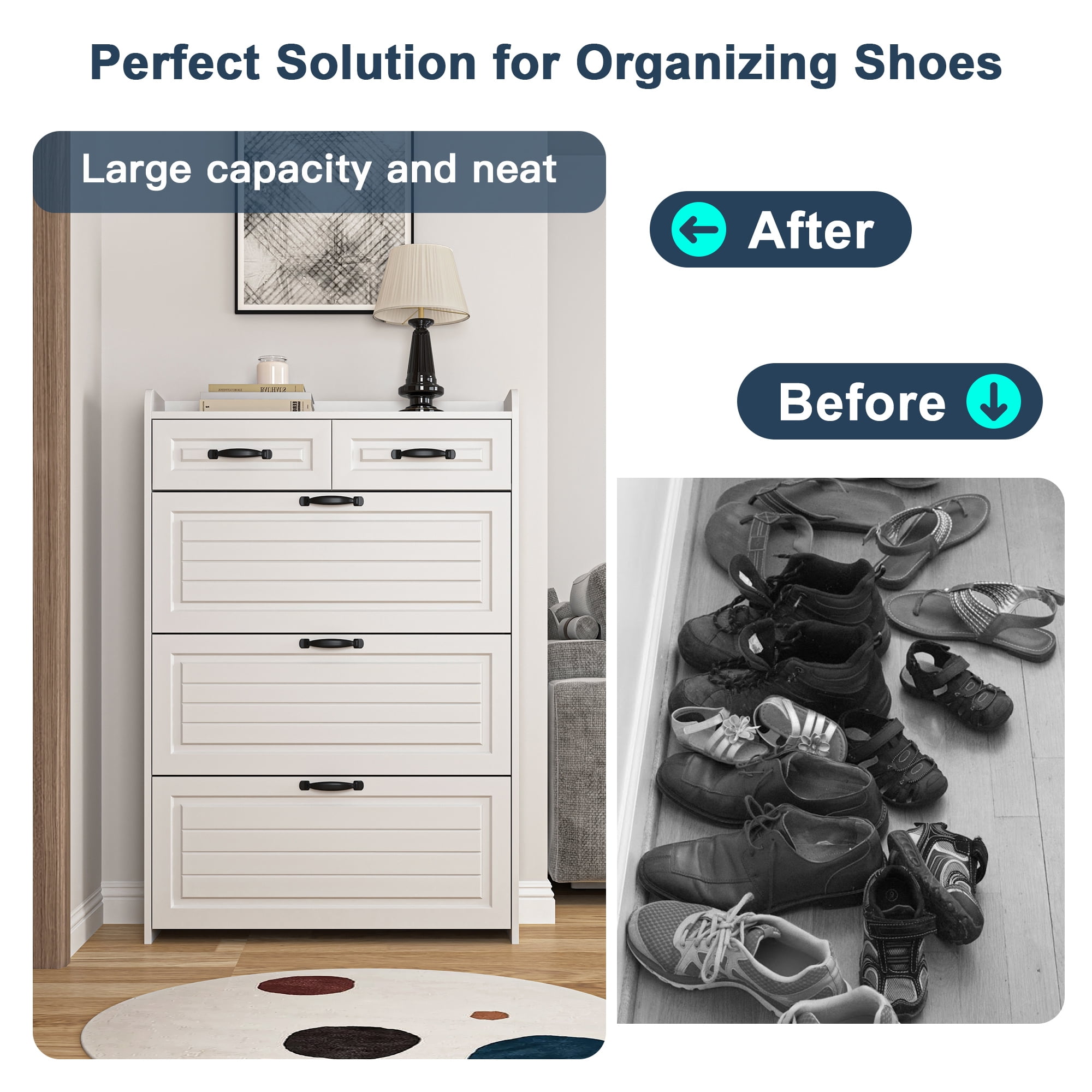 Kadyn Shoe Rack with 3 Doors, Shoe Organizer, White Shoe Cabinet with 2 Drawers, Shoe Storage Cabinet for Living Room, Hallway, Entryway