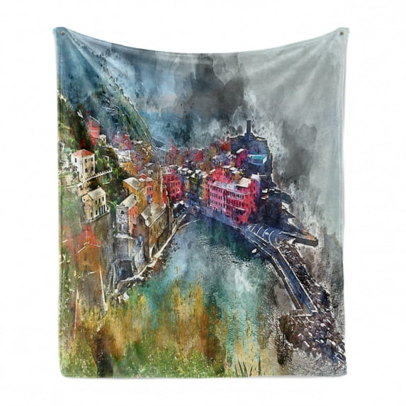 Vernazza Soft Flannel Fleece Throw Blanket, Digitally Generated Watercolor Effect Aerial Vista of Italian Coastal Village, Cozy Plush for Indoor and Outdoor Use, 60" x 80", Multicolor, by Ambesonne