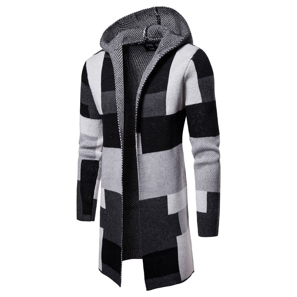 Long Cardigan for Men Mens Hooded Solid Knit Patchwork Coat Jacket