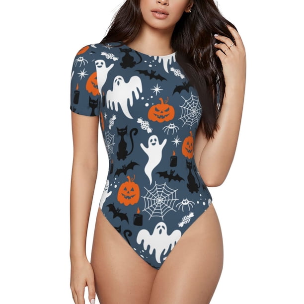 Balery Halloween Body de cuello redondo de manga corta para mujer Tops de manga corta Tops básicos-XX-Large