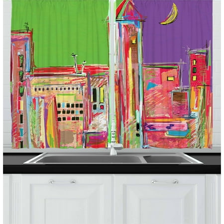 Fine Bedroom Sets Fine Art Curtains 2 Panels Set, Pastel Toned Quirky Purple Skyline of Urban View with Moon Twilight Authentic Town, Window Drapes for Living Room Bedroom, 55W X 39L Inches, Multicolor, by Ambesonne ()