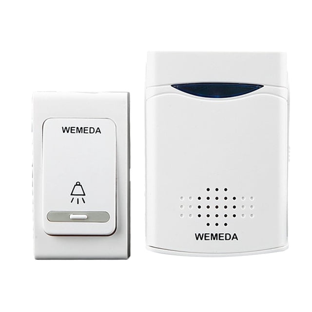 timbre de botón inalámbrico de pilas para acceso de seguridad de hogar, blanco; vista frontal centrada del transmisor exterior rectangular con botón grande y símbolo de campana a la izquierda y el receptor interior a la derecha con rejilla de altavoz y indicador LED, plástico liso, incluye 1 transmisor y 1 receptor, alcance de trabajo 100 m, 38 niveles de volumen; transmisor funciona con 1 pila 12 V 32A y receptor con 2 pilas AA (no incluidas).