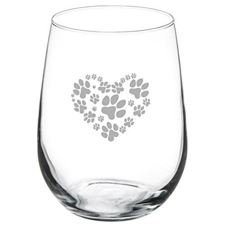 

17 oz Stemless Wine Glass Love Animals Heart Paw Prints