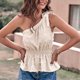 thumbnail image 4 of Blusa de un hombro Top sin mangas Dobladillo con volantes Cintura fruncida elástica Blusa jacquard Camisa Albaricoque XL, 4 of 8