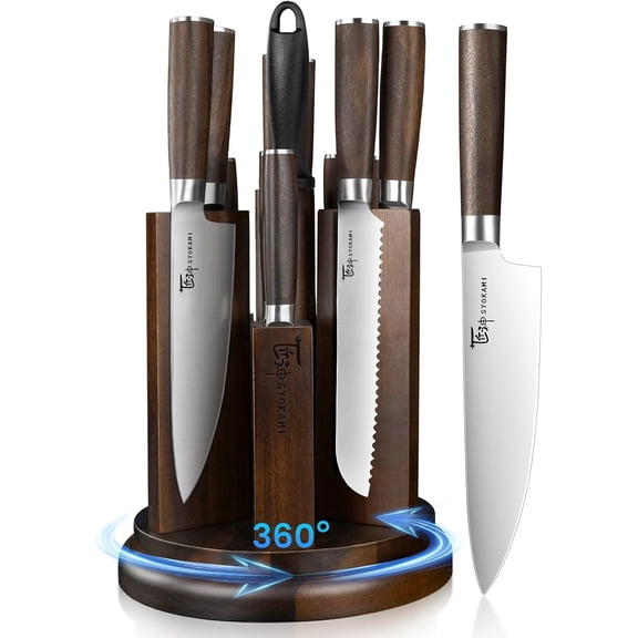 Knife Set with Magnetic Block and Sharpener 14 Piece Knife Set 360° Rotatable Holder Ultra Sharp High Carbon Stainless Steel Knives Sets with Steak Knives, Anti-slip Ergonomical Handle