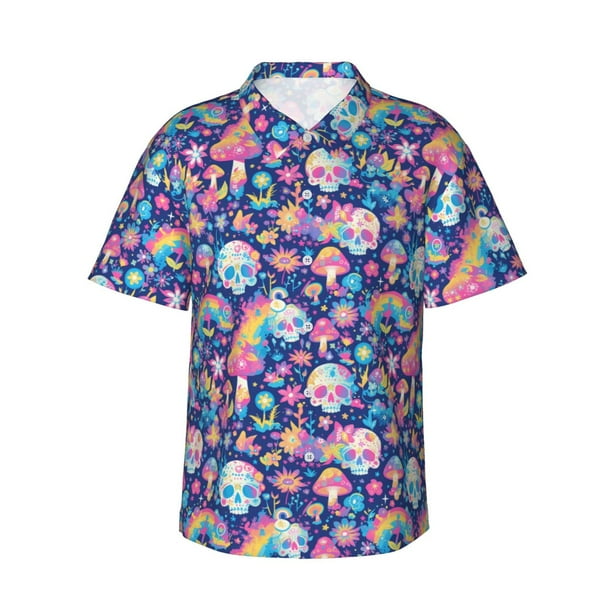 Fotbe mushroom Skull rainbow color Camisa Hawaiana para Hombre Unisex – Camisa Casual de Verano con Botones de Manga Corta de Algodón y Lino,Large