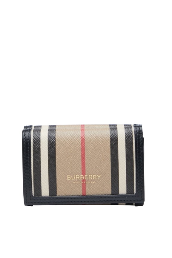 Pre-Owned Burberry Icon Stripe Compact Wallet, Tri-fold Beige, Black, Women's, BURBERRY