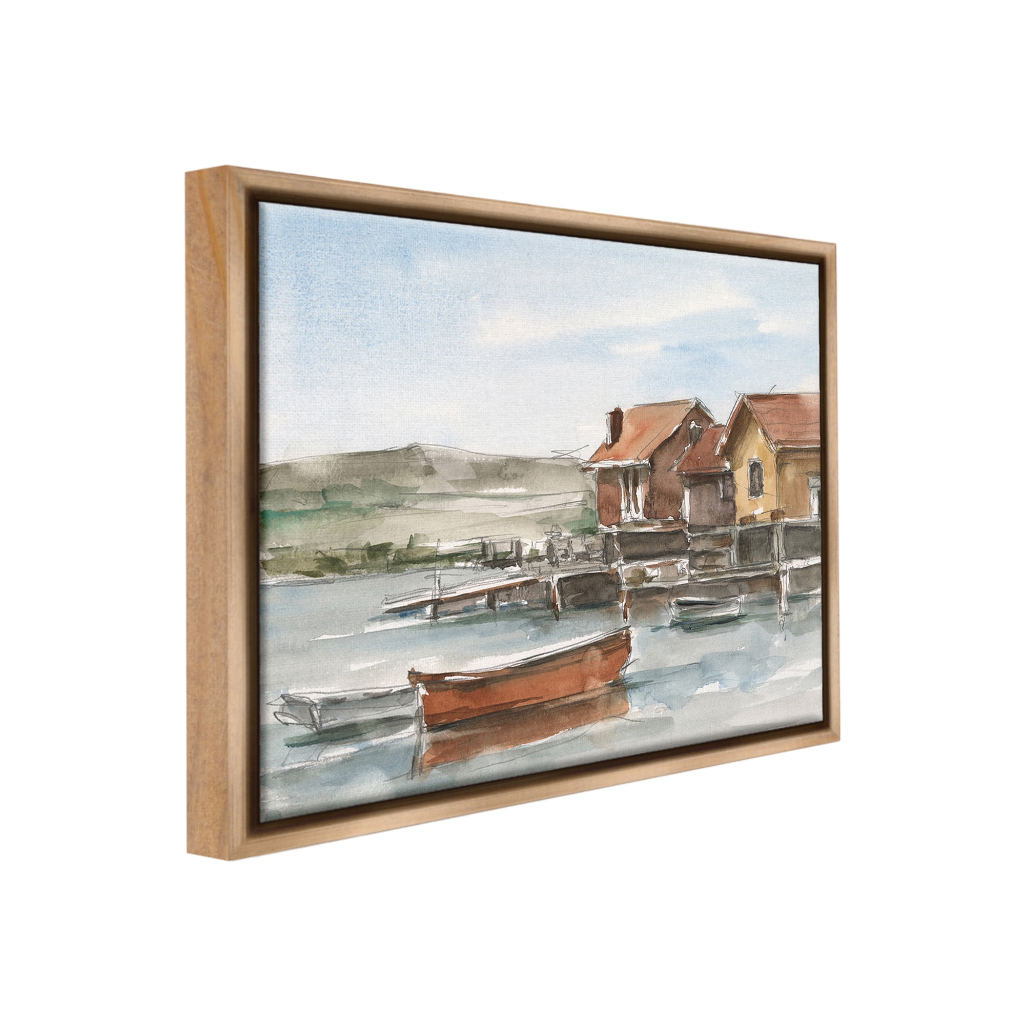 Stupell Industries Lake House Boats Landscape Painting Brown Floater Framed Canvas Art Print Wall Art, 31 x 25