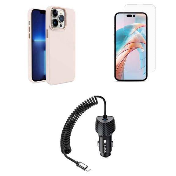 Bemz Phone Case for iPhone 15 Pro Max - Liquid TPU Silicone (Metal Buttons/Camera Edges) Protection Cover, Glass Screen Protector, 40W Car Charger (USB-C Port) - 5 Foot (Beige)