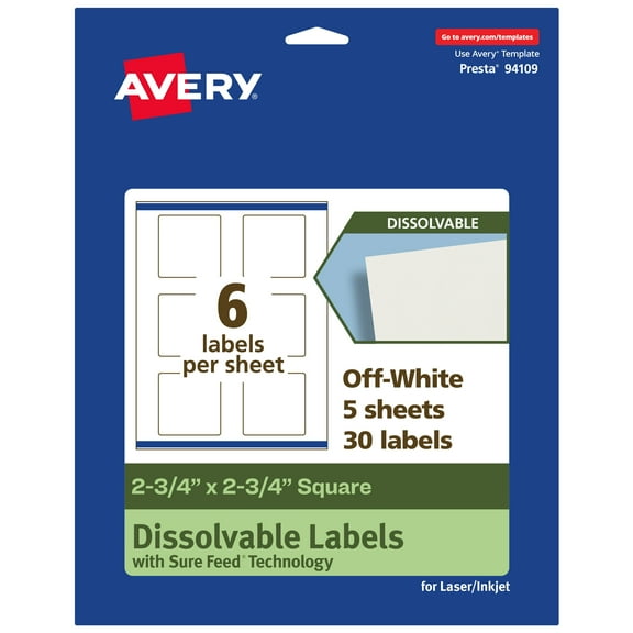 Avery Dissolvable Square Labels, 2.75" x 2.75", 30 Labels