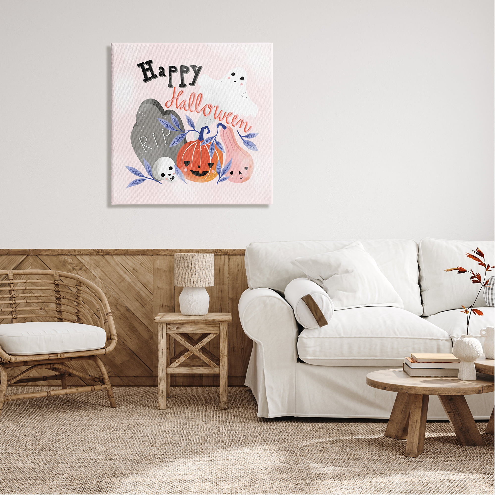 Stupell Industries Happy Halloween Typography Whimsical Haunted Faces Motifs Graphic Art Gallery Wrapped Canvas Print Wall Art, Design by Dominika Godette