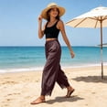 thumbnail image 4 of GEWSEY Women's Cropped Lace-Hem Pants High Waisted Drawstring Wide Leg Pants Casual Lightweight Trousers with Pockets (Brown, S), 4 of 6
