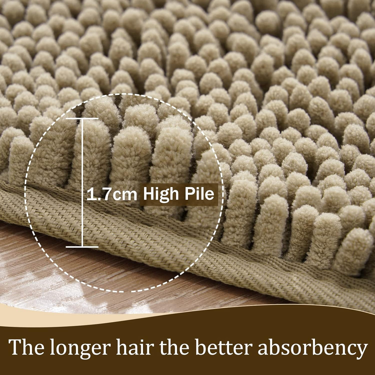 Luxury Bathroom Rug Shaggy Bath Mat 24 x 17 Inch, Washable Non Slip Bath Rugs for Bathroom Shower, Soft Plush Chenille Absorbent Carpets Mats, Beige