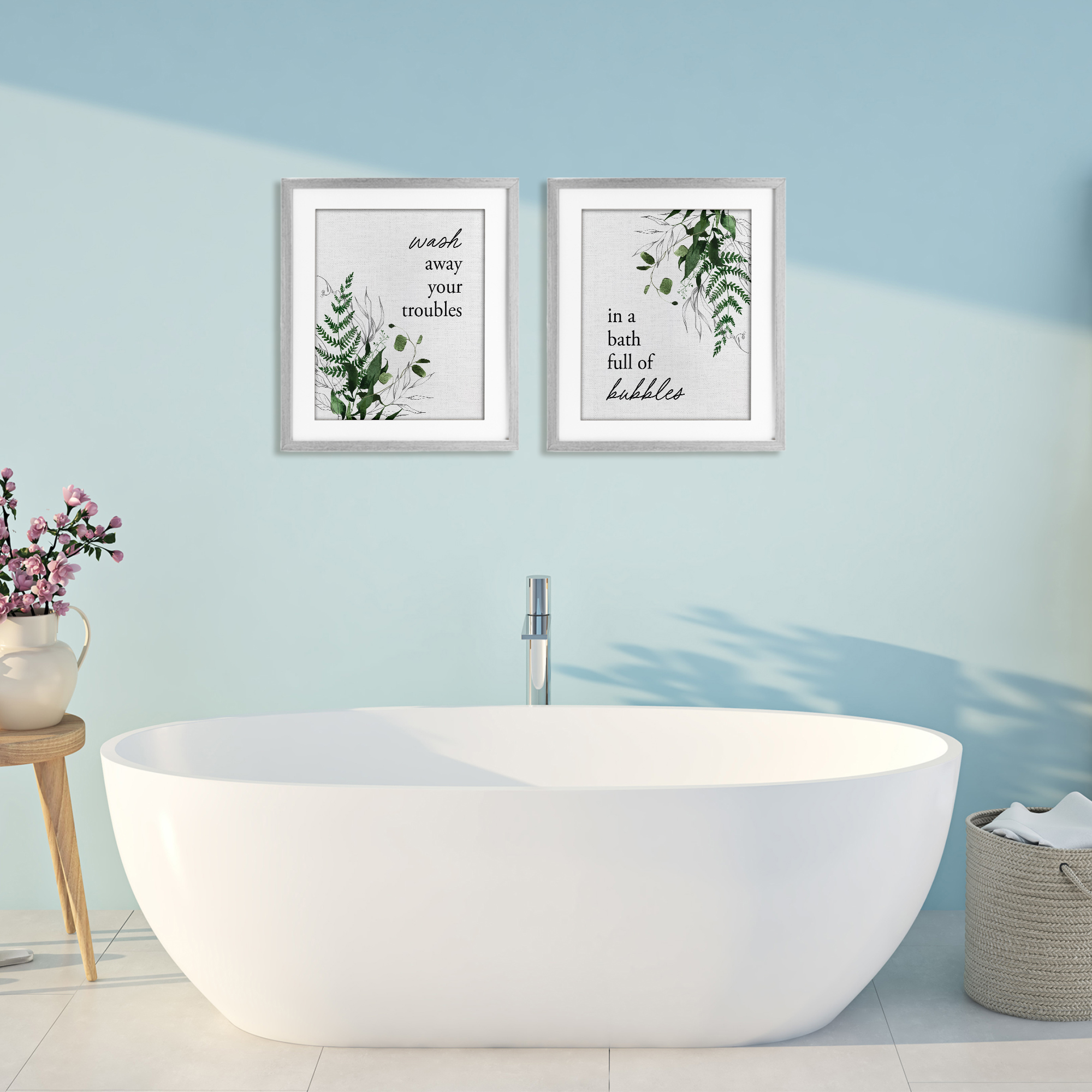 Bubble Bath with Forest Foliage 2 Piece Gray Framed Print Under Glass Set, design by Lettered and Lined