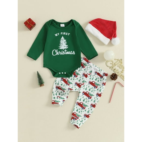Jaweiwi Baby Toddler Boy Christmas Clothes Set 3 6 9 12 Months Letter Tree Print Long Sleeve Romper Truck Pattern Long Pants and Hat 3Pcs Outfit