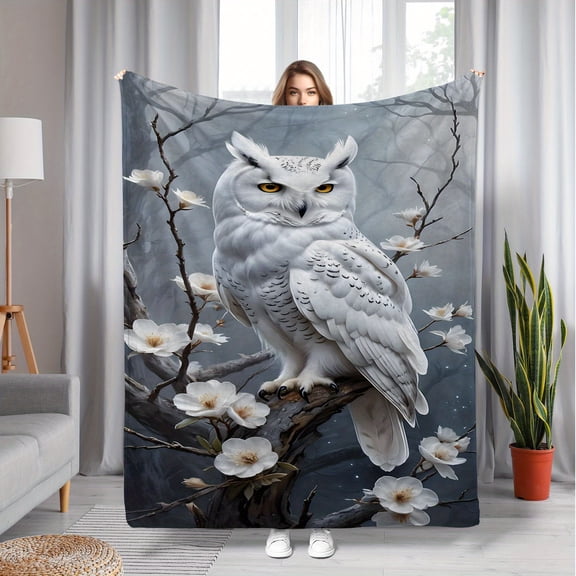 Owl & Floral Print Throw Blanket, Soft Lightweight Knit, Polyester, Digital Print, Flannel, Contemporary Style, All-Season, Perfect Gift for Sofa, Bed, Chair, Camping - 70x100cm