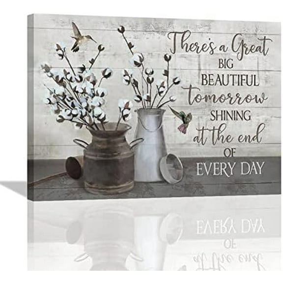 Farmhouse Bathroom Cotton Floral Wall Art Rustic Country Cotton Pictures Wall Decor Inspirational Quotes Flower Hummingbird Canvas Prints Painting Framed Artwork for Living Room Bedroom Office 16"x12"