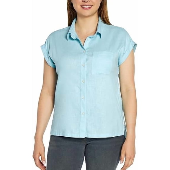 Orvis Tops for Women - Linen Blend Womens Short Sleeve Shirts - Button-Up with Collar - Dressy Casual (Blue, X-Small)