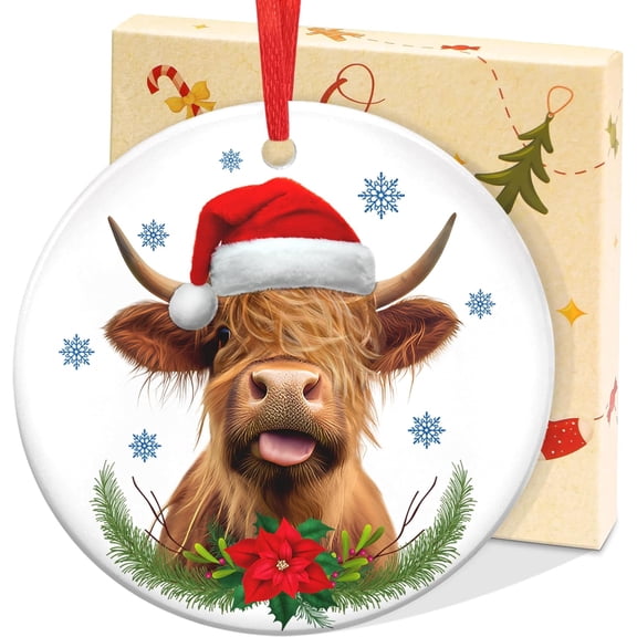 Highland Cow Christmas Ornaments Gifts for Women Men - Ceramic Ornaments 2025 for Tree Decorations - Cow Ornament for Farmhouse Decorations, Hanging Ornament for Rustic Tree, Farm Animal GiftsHA5
