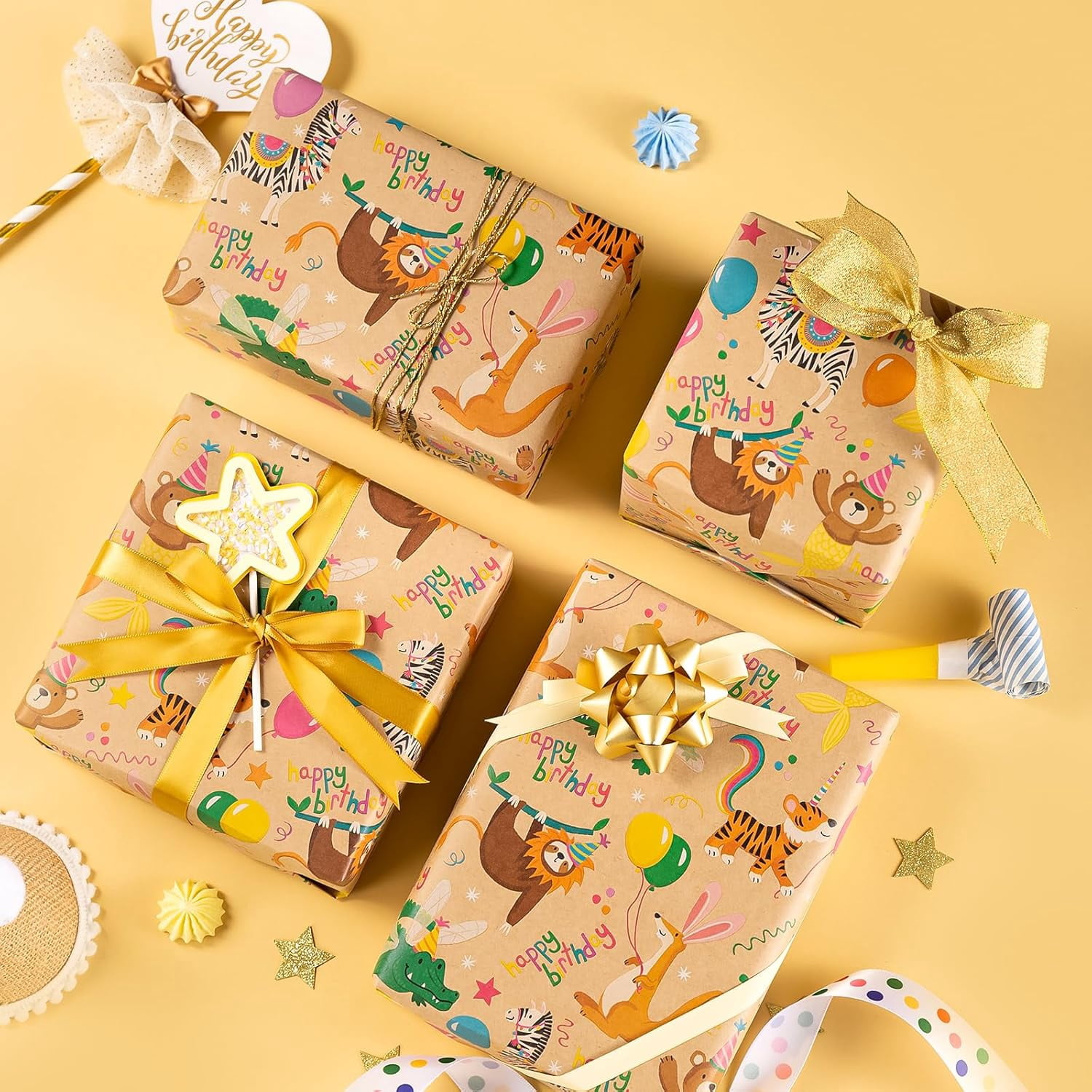 Kraft Animal Birthday Wrapping Paper Roll - Mini Roll - 17 Inch x 16.5 Feet - Animal Happy Birthday Wrapping Paper Perfect for Kids, Baby Shower