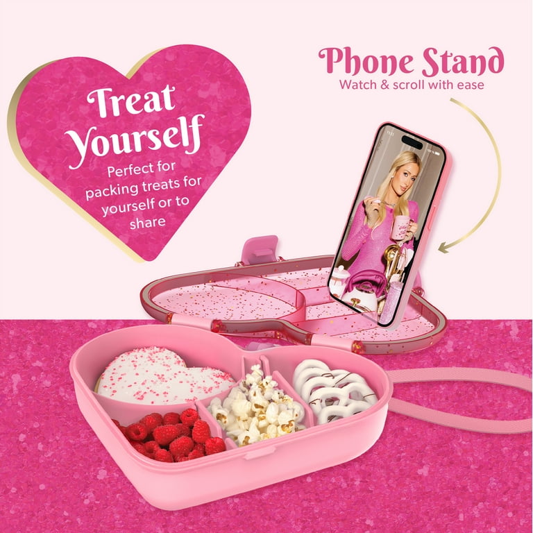 Paris Hilton Bento-Style Heart-Shaped Snack Box, Built-In Phone Stand, Removable Wrist Strap, Pink