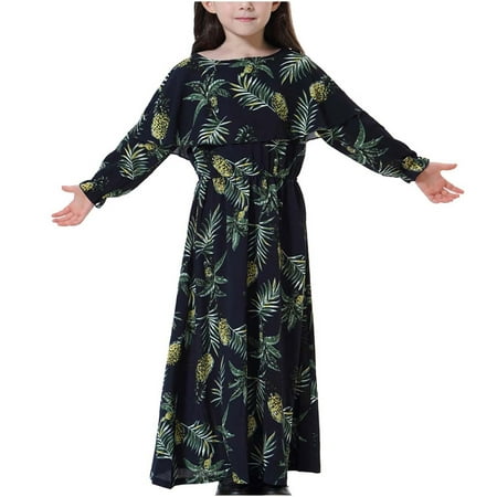 

XMMSWDLA Toddler Girl Clothes Muslim Long Dress Middle Big Girls Long Sleeve Round Neck Lace Print Dress Sales Clearance