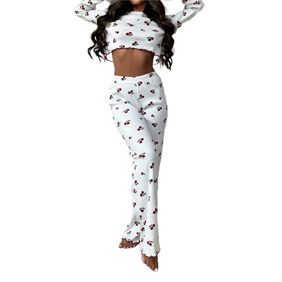 Conjunto de Pijamas Bonitos para Mujer, 2 Piezas, Larga, Y2K, Otoño e Invierno Cereza M