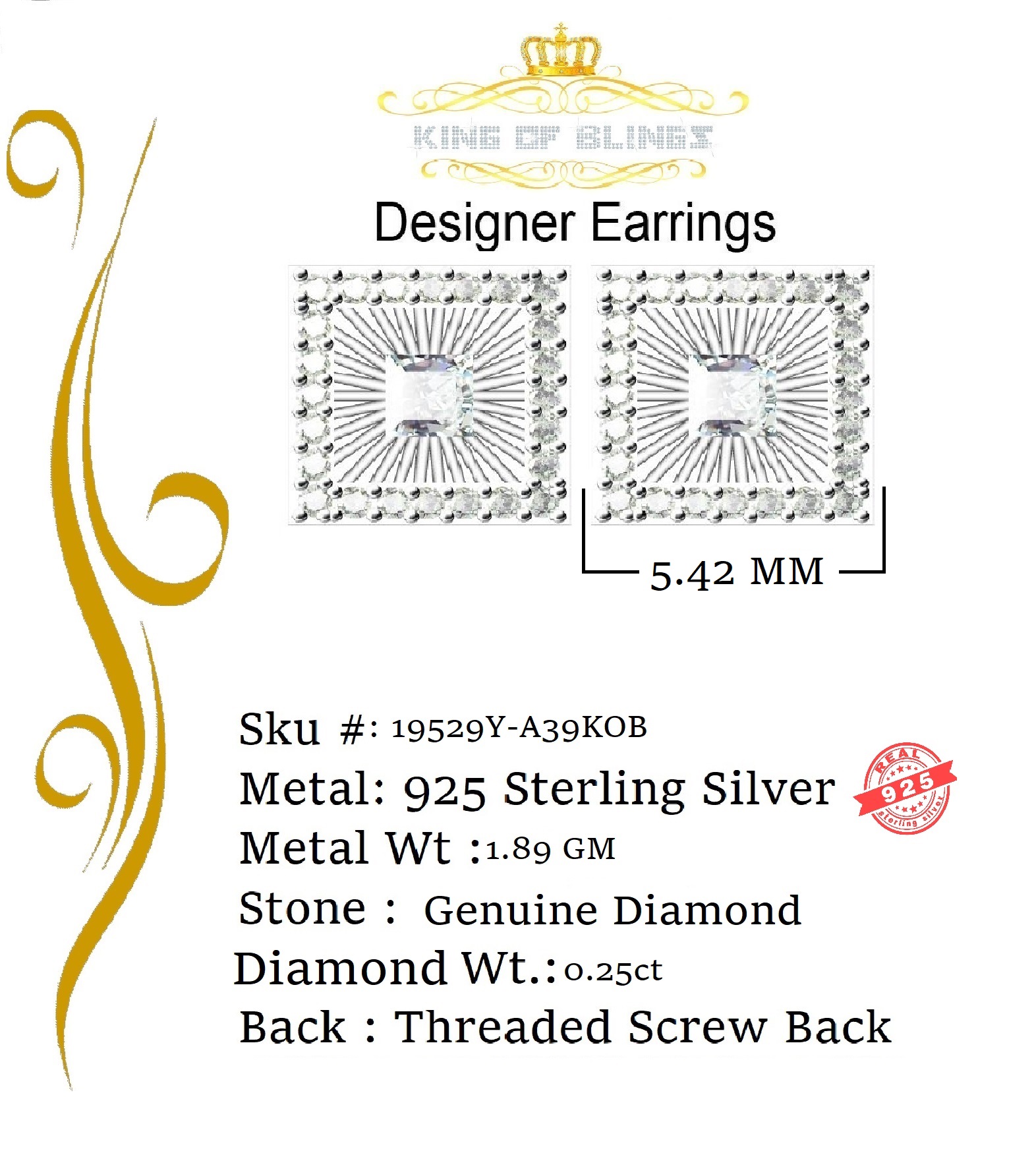 King of Bling's Yellow Aretes Para Hombre 925 Silver 0.25ct Diamond Women's/ Men's Stud Earrings