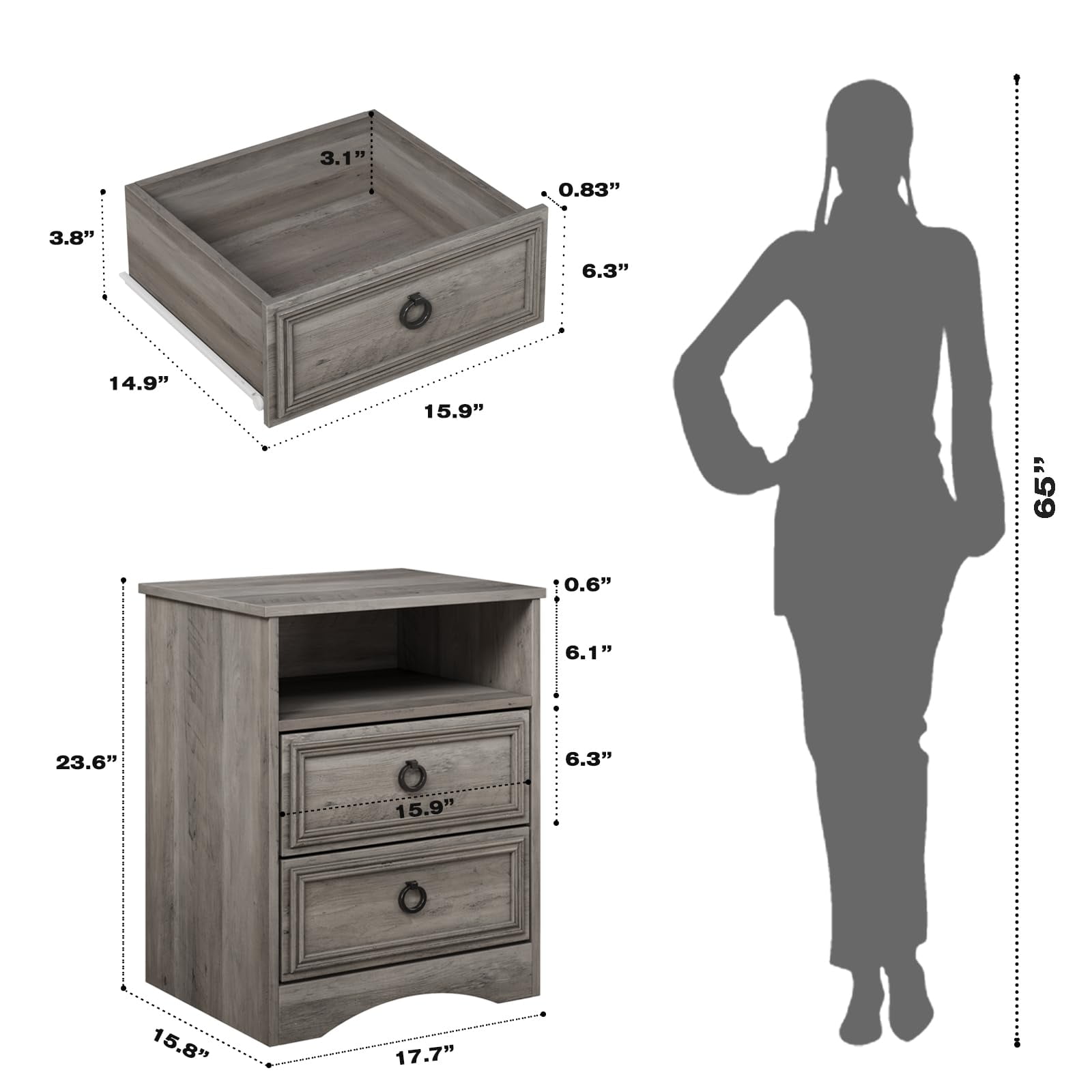 Furpezoo Nightstand Set of 2, Bedroom Bedside Table with 2 Drawers, Compartment ,Gray