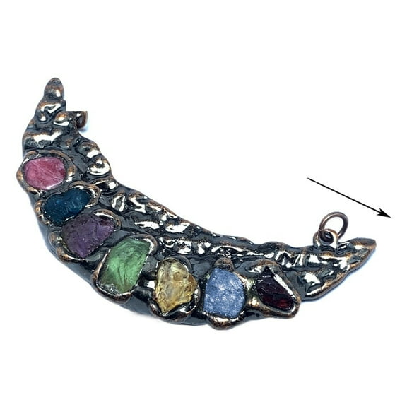 Seven Natural Gemstones Crescent Moon Pendant  Raw Crystal Stones with Antique Copper Setting, Spiritual Healing Jewelry