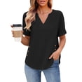 thumbnail image 7 of VBVC Women's Cotton-Linen V-Neck Blouse, Ladies' Rolled Cuff Short Sleeve Side Shirt, Button Detail Summer Tunic Top For Women,Black,S-2XL, 7 of 7