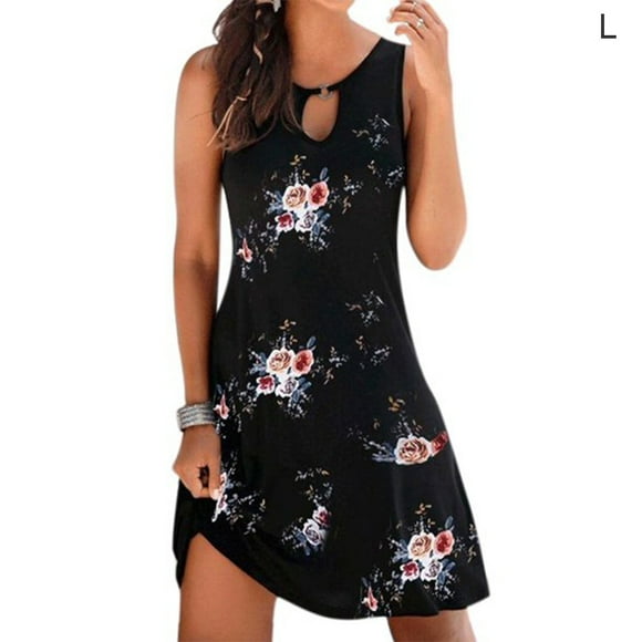 Bohemian Dress Women Beach Clothing Sleeveless Mini Women Summer Beach Dress Dress, Black, Printed, L