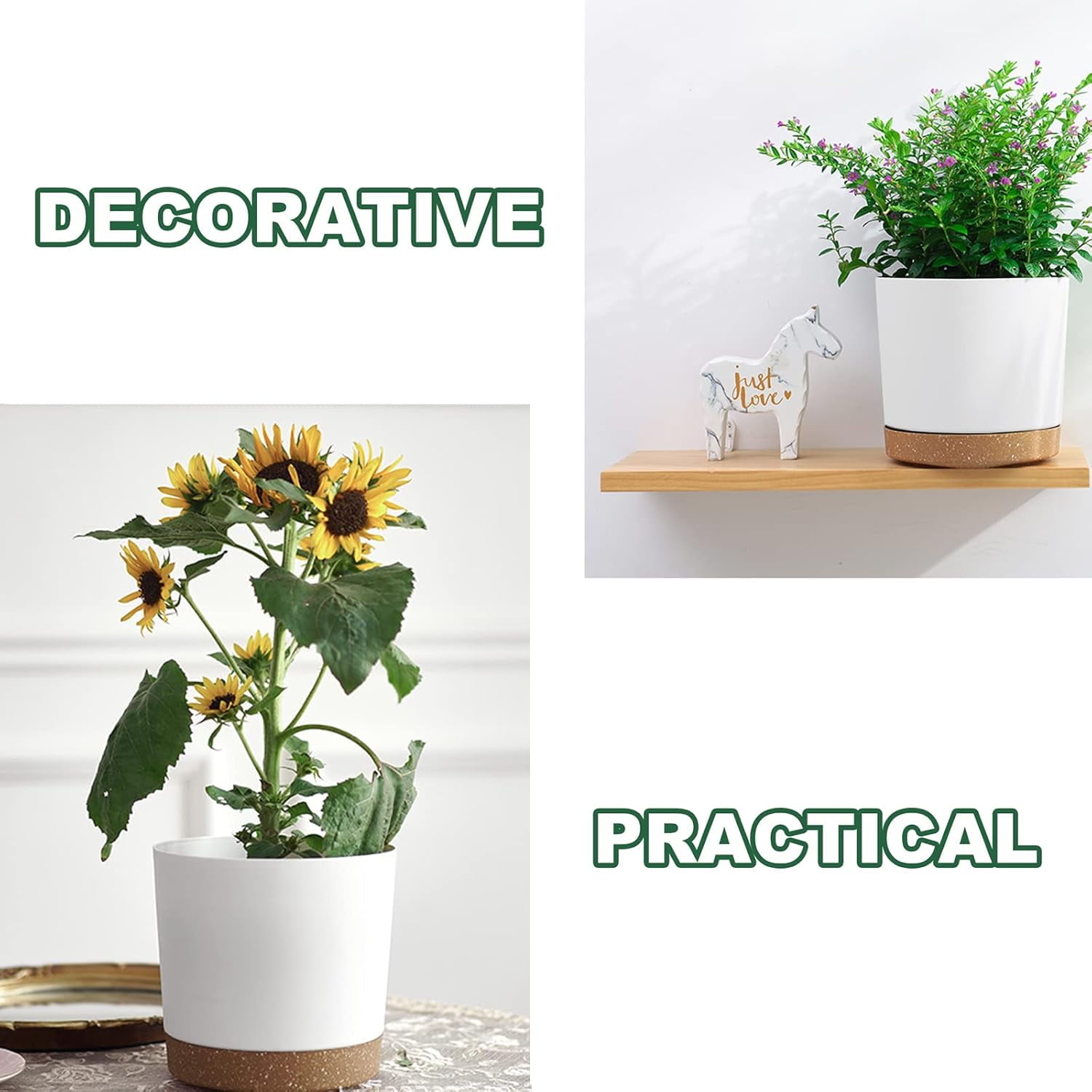 8 Inch  Planters for Indoor Plants, Plastic Flower Pots Plant Pots Indoor with Drainage Saucer for Garden Home Plant, White 8”