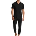 thumbnail image 2 of FRSASU Men's 2 Piece Vertical Striped Textured Outfits Summer Casual Button Down Shirts Spring Drawstring Elastic Pants Sets Black, 2 of 9