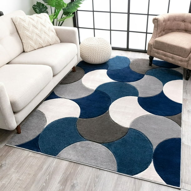 Well Woven Hilda Blue Modern Geometric Circles & Boxes Pattern Area Rug